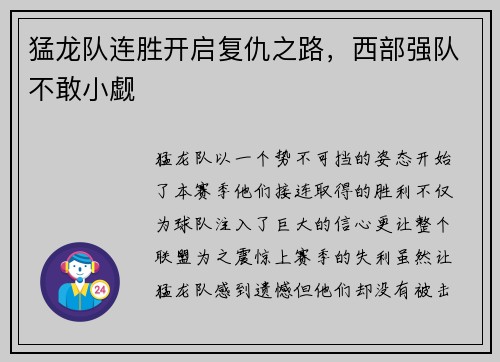 猛龙队连胜开启复仇之路，西部强队不敢小觑