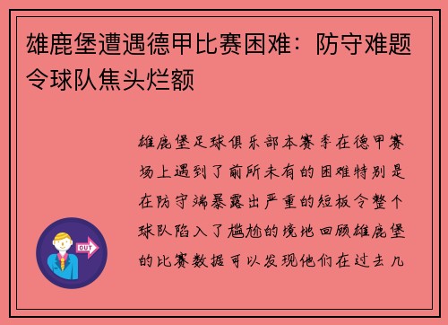 雄鹿堡遭遇德甲比赛困难：防守难题令球队焦头烂额