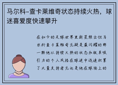 马尔科-查卡莱维奇状态持续火热，球迷喜爱度快速攀升